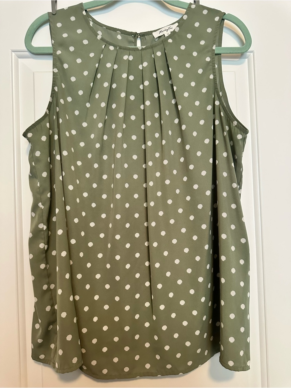 Monday Fun Sage Green Polka Dot Pleated Sleeveless Blouse - Women